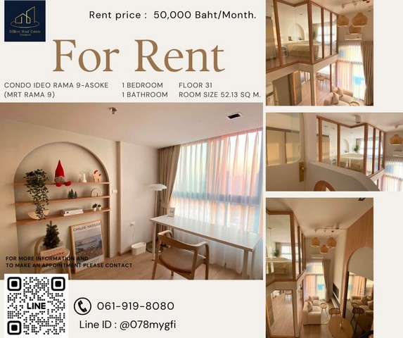 Condo For Rent "Ideo Rama 9-Asoke"  -- 1 Bed 52.13 Sq.m. -- Beautiful view,minimal room, fully furnished best Price Guarantee!! 