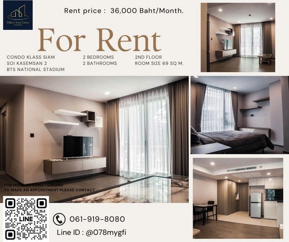 >>> Condo For Rent "KLASS Siam" -- 2 Bed 69 Sq.m. 36,000 baht -- Modern classic style condo and near BTS National Stadium Station!!