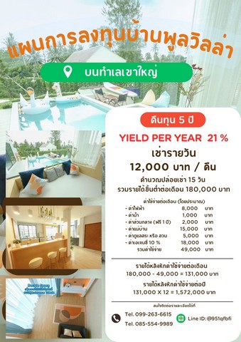 ซื้อ ขาย บ้านพูลวิวล่าเขาใหญ่ คืนทุน5-8 ปี Yield 21% ใกล้MyOzone บ้านสวย DoubleVolumeไม่อึดอัดจะซื้อลงทุนหรืออยู่เองก็คุ้ม LineID: @951qfbfi