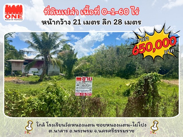 ที่ดินเปล่า เนื้อที่ 0-1-60 ไร่ ทำเลดี ราคาสุดคุ้ม ซอยหนองแตน-ไผ่โปง ตำบล นาสาร อำเภอ พระพรหม จังหวัด นครศรีธรรมราช