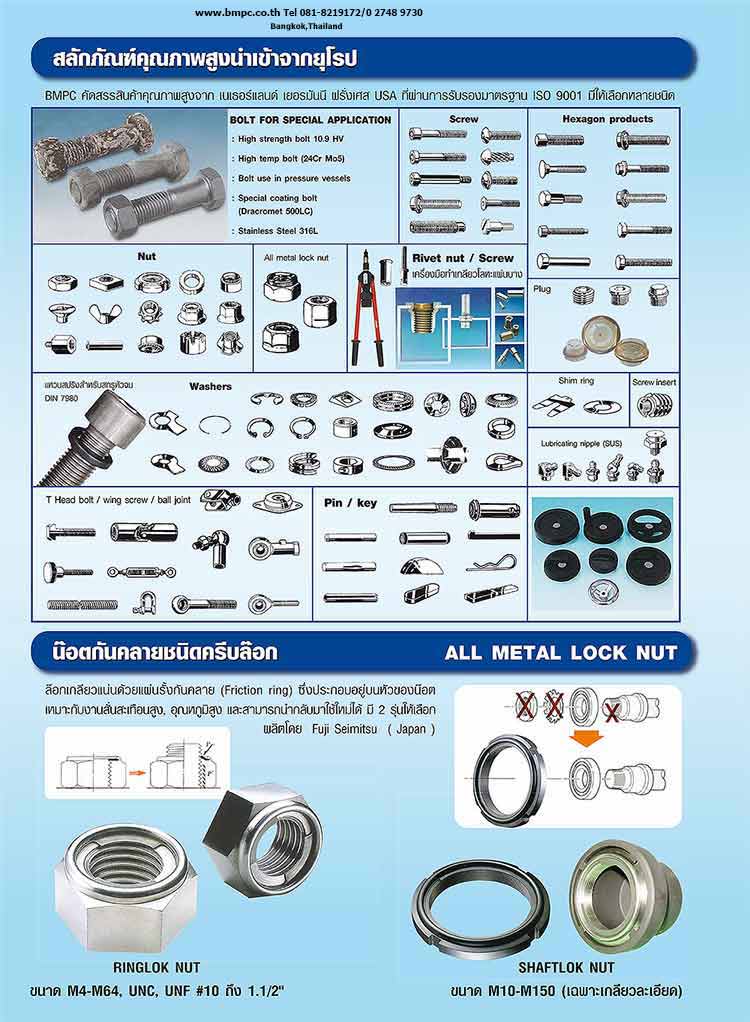 Hexagon head bolt, Bolt with flange, Shoulder screw, Set screw, screw plug, thin nut, lock nut, Castle nut, Locking disc spring, tab washer, e-ring, shim ring, bonded seal