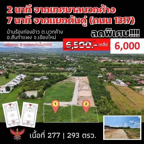 ขายที่ดินจัดสรรเริ่ม 277ตรว. 1.66ลบ. ฟรีโอน วิวเขา สาธารณูปโภค ใกล้เทศบาล ต.บวกค้าง อ.สันกำแพง เชียงใหม่