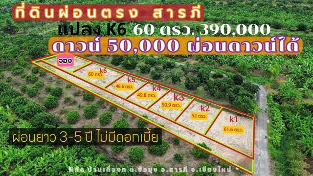ขายที่ดินแบ่งจัดสรร 48-62ตรว. เริ่ม301,000บ. ฟรีโอน ผ่อนได้ ถนน น้ำ ไฟฟ้า ใกล้วัดขัวมุง ต.ขัวมุง อ.สารภี เชียงใหม่