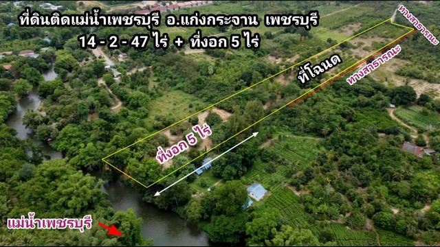 ขายที่ดินติดแม่น้ำเพชรบุรี แก่งกระจาน เพชรบุรี เหมาะทำบ้านสวนเกษตร บ้านสวนริมน้ำ บ้านหลังเกษียณ ติดถนนสาธารณะ 14-2-47 ไร่ มีที่งอก 5 ไร่