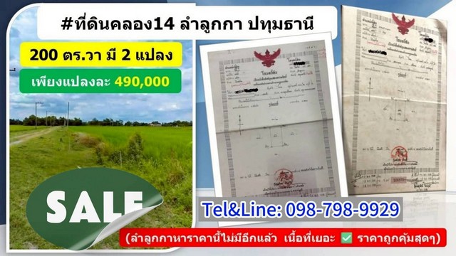 ที่ดินคลอง14ลำลูกกา ปทุมธานี  200 ตร.ว 490,000 ขายถูกๆ 