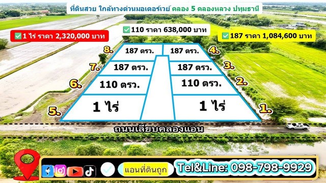 ที่ดินทำเลดี ใกล้มอเตอร์เวย์ ใกล้ความเจริญ ที่ดินคลอง5 คลองหลวง จปทุมธานี