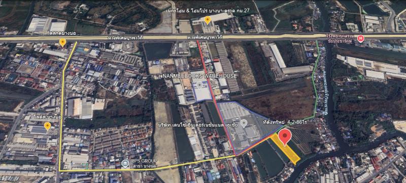 PZ1312 -ขายที่ดินถมแล้ว 4-2-86 ไร่ ผังสีแดง ต.บางบ่อ อ.บางบ่อ จ.สมุทรปราการ ใกล้ถนนบางนาตราด กม.27 ฝั่งขาเข้า ห่างเพียง 1 กิโลเมตรราคา  ขายไร่ละ 12 ล้านบาทราคาขายรวม 56,580,000 บาท**รายละเอียด**- ขายที่ดินถมแล้ว 4-2-86 ไร่ ในซอยปรียาใกล้ถนนบางนาตราด กม.27 ฝั่งขาเข้า ห่างเพียง 1 กิโลเมตร- ผังสีแดง -หน้าแปลงกว้าง 42 เมตรลึก 184 เมตร –ถนนหน้าที่ดิน ลาดยาง ผิวถนนมากกว่า 6 เมตร ด้านหลังติดคลองสำโรง 