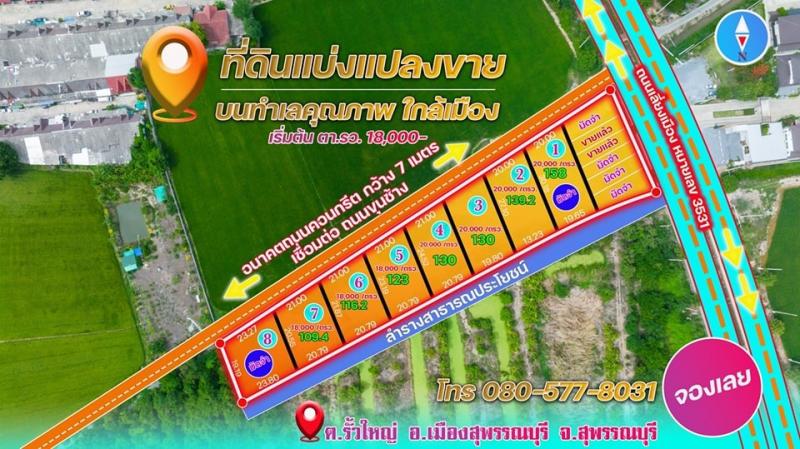 ขายที่ดินทำเลทองแบ่งแปลงขาย มีทั้งที่ดินเปล่า และที่ดินพร้อมสร้างบ้าน  สุพรรบุรีที่ตั้ง : ต.รั้วใหญ่ อ.เมืองฯ จ.สุพรรบุรีขนาดพื้นที่  : เริ่มต้น 23 ตารางวารายละเอียดทางหน้าแปลงจะเป็นถนนกว้าง 7 เมตรที่ดินทำเลดีเดินทางสะดวก เหมาะสำหรับสร้างบ้านวัยเกษียณ หรือลงทุนมีไฟฟ้าและประปาพร้อมใช้ที่ดินถมแล้วมากกว่า 10 ปีสถานที่ใกล้เคียง :- ตลาด 3 กม.- ห้างบิ๊กซี 5 กม.- ห้าง�