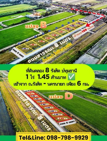 ที่ดินคลอง8 รังสิต ปทุมธานี 1 ไร่ 1.45 ล้านบาท เข้าจาก ถ.รังสิตนครนายก เพียง 6 กม.