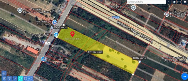 ที่ดินผืนใหญ่ทำเลทอง 22 ไร่ ติดถนนใหญ่สายเศรษฐกิจ นิคมพัฒนา-ระยอง ผังเมืองสีม่วงลายผสมสีม่วง