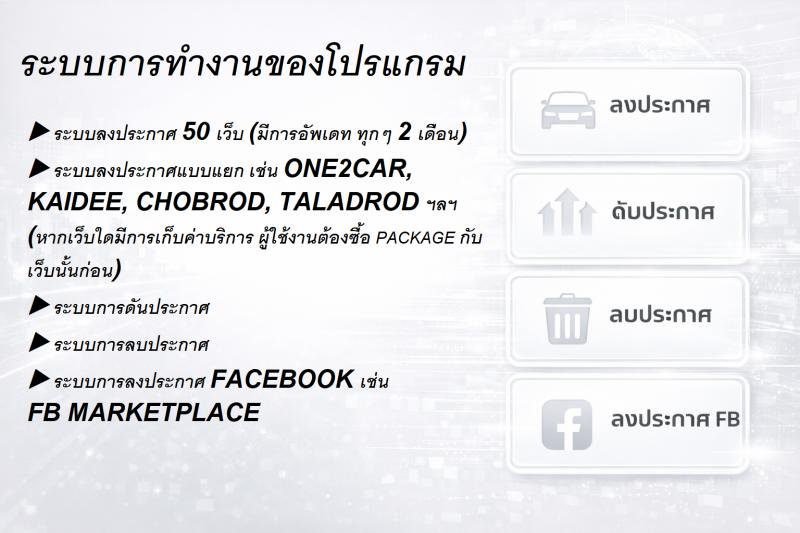 บริการ โปรแกรมโพสต์ขายรถ 50 เว็บ อัตโนมัติ ไม่จำกัดจำนวน มีฐานข้อมูลส่วนตัว ใช้งานง่าย ประหยัดเวลา