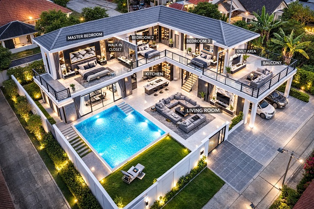 บ้านหรู พระประภานิมิตร 5-11 พร้อมสระว่ายน้ำส่วนตัว ใกล้ตลาดหนองปรือ 700 ม. 130 ตร.ว.5 นอน 6 น้ำ 450 ตร.ม. 149,998 B-M.บ้านใหม่ เฟอร์นิเจอร์ครบ เหมาะอยู่อาศัย บ้านพักตากอากาศ หรือทำธุรกิจปล่อยเช่า  ใกล้พัทยา ดอลฟินาเรียม 1.7 กม. สนามไดร์ฟกอล์ฟ เดินทางสะดวก ใกล้ถนนสุขุมวิท เชื่อมต่อพัทยากลาง พัทยาใต้ และแหล่งท่องเที่ยวสำคัญfrom Nong Prue Market land size 130 sq.wa.private pool Villa 5 bed Phra Praphanimit 5-11 Luxury house with  6 bath 700 m. usable area 450 sq.m. rent 149,998 B-M.