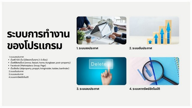 โปรแกรมลงประกาศอสังหาอัตโนมัติ ครอบคลุมกว่า 100 เว็บ เพิ่มการเข้าถึง เร่งโอกาสปิดการขายยกระดับการตลาดอสังหาริมทรัพย์ให้ทำงานง่ายและเร็วขึ้น ด้วยระบบลงประกาศอัตโนมัติสำหรับนายหน้าและผู้ขายอสังหาโดยเฉพาะลงประกาศเพียงครั้งเดียว ระบบช่วยกระจายทรัพย์ไปยังเว็บไซต์อสังหาชั้นนำกว่า 100 แห่ง ช่วยเพิ่มการมองเห็น เข้าถึงลูกค้าได้มากขึ้น และลดเวลาการทำงาน�