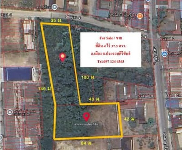 ที่ตั้ง: ถนนสุขใจ  ต.ประจวบคีรีขันธ์ อ.เมือง จ.ประจวบคีรีขันธ์พิกัด GPS: https://maps.app.goo.gl/ffAJ57acTuGZPWN88สนใจติดต่อ•คุณคุณรัช: Tel. 097-124-4363•Line ID: Assisterhomeรายละเอียดทรัพย์สิน•ประเภททรัพย์: ที่ดินเปล่า•ขนาดเนื้อที่: 4 ไร่ 37.5 ตารางวา•หน้ากว้าง  35 เมตร •ลึก 146 เมตร•ด้านหลังกว้าง  84 เมตร•รูปแปลงที่ดิน: แปลงสวย หน้ากว้างติดถนนสาธารณประโยชน์ประมาณ 35 เมตร ความลึกประมาณ 146 เมตร (โดยประมาณ)จุดเด่นของที่ดิ�