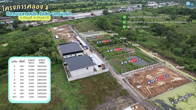 ขายที่ดินคลอง 8 ติดถนนสายหลักรังสิต–นครนายก จังหวัดปทุมธานี แปลง 18/2 ทำเลศักยภาพในโซนที่มีการพัฒนาอย่างต่อเนื่อง เหมาะสำหรับนักลงทุนหรือผู้ประกอบการที่ต้องการที่ดินคุณภาพสำหรับต่อยอดธุรกิจหรือถือครองระยะยาวที่ดินอยู่ในโซนที่รายล้อมด้วยอาคารและโกดัง พร้อมสาธารณูปโภคครบ เข้าออกได้ 2 ทาง และสามารถเริ่มพัฒนาได้ทันทีรายละเอียดที่ดิน- แปลง 18/2- เนื้อที่ 