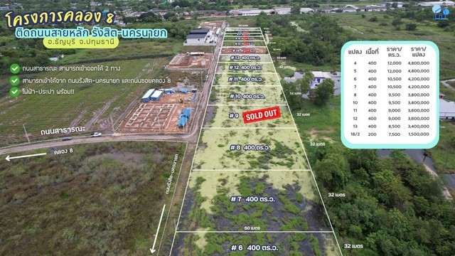 ขายที่ดินคลอง 8 ติดถนนสายหลักรังสิต–นครนายก จังหวัดปทุมธานี แปลง 11 ทำเลศักยภาพในโซนที่มีการพัฒนาอย่างต่อเนื่อง เหมาะสำหรับนักลงทุนหรือผู้ประกอบการที่ต้องการที่ดินคุณภาพสำหรับต่อยอดธุรกิจหรือถือครองระยะยาวที่ดินอยู่ในโซนที่รายล้อมด้วยอาคารและโกดัง พร้อมสาธารณูปโภคครบ เข้าออกได้ 2 ทาง และสามารถเริ่มพัฒนาได้ทันทีรายละเอียดที่ดิน- แปลง 11- เนื้อที่ 400 