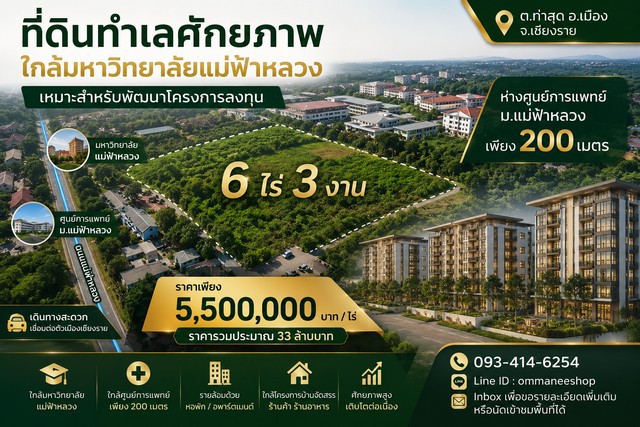 ที่ดินทำเลศักยภาพ ใกล้มหาวิทยาลัยแม่ฟ้าหลวง ตำบลท่าสุด อำเภอเมือง จังหวัดเชียงราย โอกาสลงทุนบนทำเลศักยภาพ ใกล้มหาวิทยาลัยแม่ฟ้าหลวง และศูนย์การแพทย์มหาวิทยาลัยแม่ฟ้าหลวง เพียงประมาณ 200 เมตร รายล้อมด้วยหอพัก ร้านค้า ร้านอาหาร และโครงการที่อยู่อาศัย เหมาะสำหรับพัฒนาโครงการที่รองรับการเติบโตของพื้นที่ในอนาคต ราคา 5,500,000 บาท / ไร่ ราคารวมประมาณ 33 ล้านบาท ร�