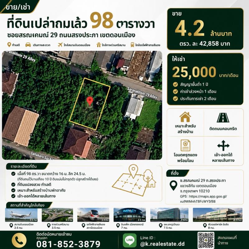 ขายที่ดินเปล่าถมแล้ว ทำเลดีในซอยสรณคมณ์ 29 ถนนสรงประภา แขวงสีกัน เขตดอนเมือง กรุงเทพมหานคร เหมาะสำหรับสร้างบ้านพักอาศัย สำนักงาน หรือซื้อเพื่อการลงทุน อยู่ในย่านชุมชน เดินทางสะดวก เชื่อมต่อถนนหลักและสิ่งอำนวยความสะดวกได้อย่างรวดเร็วรายละเอียดที่ดิน- เนื้อที่ 98 ตารางวา- หน้ากว้างประมาณ 16 เมตร- ลึกประมาณ 24.5 เมตร- ที่ดินถมแล้ว- ถมไว้นานเกือบ 10 ปี ดินแน่น สาม�