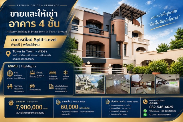 FOR SALE & FOR RENT | อาคาร 4 ชั้น ทำเลทอง TOWN IN TOWN – ศรีวราขายและให้เช่า | 4-Storey Building in Prime Town in Town – Sriwaraอาคารดีไซน์ Split-Level | ทำเลดี | พร้อมใช้งานTown in Town – ศรีวราใกล้ โรงเรียนบดินทรเดชา (สิงหเสนี) และแหล่งธุรกิจสำคัญจุดเด่น | Highlights- อาคาร 4 ชั้น พื้นที่ใช้สอยประมาณ 300 ตร.ม.- ที่ดิน 29.3 ตร.ว. หน้ากว้าง 6.2 ม.- 5 ห้องนอน / 5 ห้องน้ำในตัว- แอร์ครบทุกห้อง- ห้องทำงาน ห้องเก็บของ และห้องแม่บ้าน- ที่จอดรถส่วนตัว- ปรับเป็น�