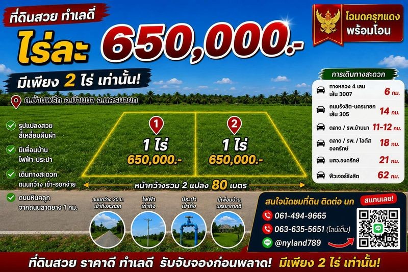 สนใจมาเที่ยวชมโทร ติดต่อ นกได้หลายช่องทางนะคะโทร. 061-494-9665โทร. 063-635-5651 (เบอร์นี้ไลน์เต็มค่ะ)ไลน์ไอดี : @nyland789(ไลน์คลิ๊กแล้วทักมาได้เลยค่ะ) https://lin.ee/R8sP0rj____________________________ไร่ละ 6.5 แสน! มีแค่ 2 แปลงเท่านั้นแปลงละ 1 ไร่ รูปสวยสี่เหลี่ยม หน้ากว้างประมาณ 40 ม. ลึกประมาณ 40 ม. ใครกำลังหาที่ดินราคาเบาๆ โซนบ้านนา แนะนำให้มาดูค่ะต.บ้านพริก อ.บ้านนา จ.นครนายกโฉนดครุฑแดง พร้อมโอนมีเพื่อนบ้าน ไม่เปล�