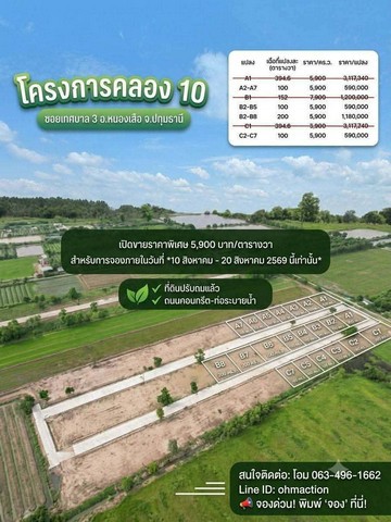 มีงบ 590,000 บาทได้ที่ดิน 100 ตร.ว. เอาไปทำอะไรได้บ้างที่ดินราคาจับต้องได้ สำหรับคนอยากเริ่มต้นมีที่ดินเป็นของตัวเองราคาโปรพิเศษ- 100 ตร.ว. เพียง 590,000 บาท- เฉลี่ยเพียง 5,900 บาท/ตร.ว.- 200 ตร.ว. ราคา 1,180,000 บาทราคา 5,900 บาท/ตร.ว. ถึง 20 สิงหาคมเท่านั้นจองไว้ก่อนได้ ไม่ต้องวางเงิน — ใจแลกใจทำเลคลอง 10 หนองเสือ จ.ปทุมธานี ซอยเทศบาล 3บรรยากาศรอบ ๆ ยังมีพื้นที่สีเขียวและความเป็นธรรมชาติ แต่เด�