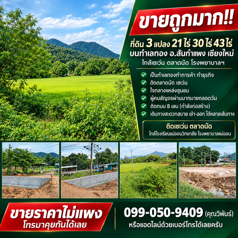 ขายถูกมาก!! ที่ดิน 3 แปลง 21ไร่ 30ไร่ 43ไร่ บนทำเลทอง อ.สันกำแพง เชียงใหม่ ใกล้เซเว่น ตลาดนัด โรงพยาบาลฯที่ดิน 3 แปลง 21ไร่ 30ไร่ 43ไร่ขายแยกแปลง และขายรวมทั้งหมด คุยเงื่อนไขกันได้- เป็นทำเลทองทำการค้า ทำธุรกิจ- ติดตลาดนัด เซเว่น- ใจกลางแหล่งชุมชน&nbsp;- ผู้คนสัญจรผ่านมากมายตลอดวัน- วิวภูเขา บรรยากาศดี- ติดถนน 8 เลน (กำลังก่อสร้าง)- เดินทางสะดวกสบาย เข้า-ออก ได้หลายเส้นทางที่�