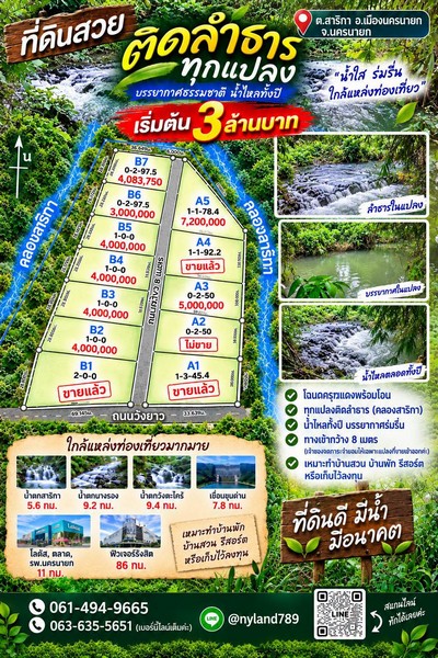 สนใจมาเที่ยวชมโทร ติดต่อ นกได้หลายช่องทางนะคะโทร. 061-494-9665โทร. 063-635-5651 (เบอร์นี้ไลน์เต็มค่ะ)ไลน์ไอดี : @nyland789(ไลน์คลิ๊กแล้วทักมาได้เลยค่ะ) https://lin.ee/R8sP0rj____________________________ที่ดินติดลำธารทุกแปลง! เริ่มต้นแปลงละ 3 ล้านใครกำลังหาที่ดินมีน้ำ มีธรรมชาติ และใกล้แหล่งท่องเที่ยว แปลงนี้น่าสนใจมากค่ะต.สาริกา อ.เมืองนครนายก จ.นครนายกโฉนดครุฑแดง พร้อมโอนราคาแปลงที่ยังขายB2–B5 ขนาด 1 ไร่ ไร่ละ 4
