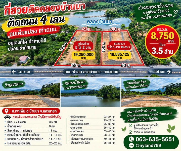 สนใจมาเที่ยวชมโทร ติดต่อ นกได้หลายช่องทางนะคะโทร. 061-494-9665โทร. 063-635-5651 (เบอร์นี้ไลน์เต็มค่ะ)ไลน์ไอดี : @nyland789(ไลน์คลิ๊กแล้วทักมาได้เลยค่ะ) https://lin.ee/R8sP0rj____________________________ทำเลทอง หน้าติดถนน 4 เลน–หลังติดคลองบ้านนาช่วงคลองกว้างมาก บางช่วงมองเผิน ๆ นึกว่าแม่น้ำเลยค่ะ!ต.เขาเพิ่ม อ.บ้านนา จ.นครนายกตร.ว.ละ 8,750 บาท / ไร่ละ 3.5 ล้านบาทโฉนดครุฑแดงพร้อมโอนมีให้เลือก 2 แปลงใหญ่ จะซื้อแปลงเดียวหรื