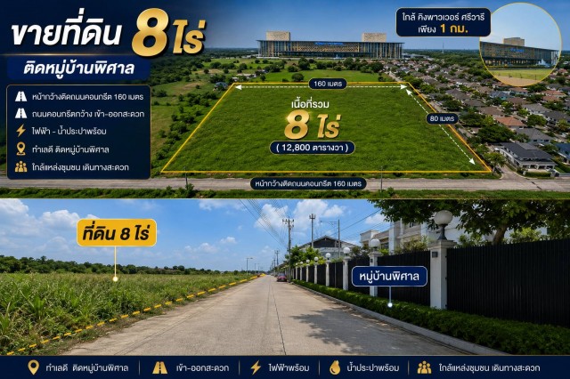 รายละเอียดขายที่ดิน 8 ไร่ ยังไม่ถม ทำเลทองใกล้สุรรณภูมิพิกัด : ซอยลาดกระบัง 54 ต.ศรีษะจรเข้ใหญ่ อ.บางเสาธง จ.สมุทรปราการรายละเอียดที่ดิน : ที่ดินติดถนนคอนกรีต เข้าซอยเพียง 400 เมตร ติดหมู่บ้านพิศาล ตรงข้าม King Power ลักษณะที่ดินเป็นบ่อ สี่เหลี่ยมผืนผ้า เข้า ออก ได้ทั้ง ถ.บางนา - ตราด กม.18 ถ.ลาดกระบัง 54 ใกล้มอร์เตอร์เวย์ ใกล้บูรพา สร้างหมู่บ้านได้ ทำโกดังได้ ทำหอพักได้สถ�