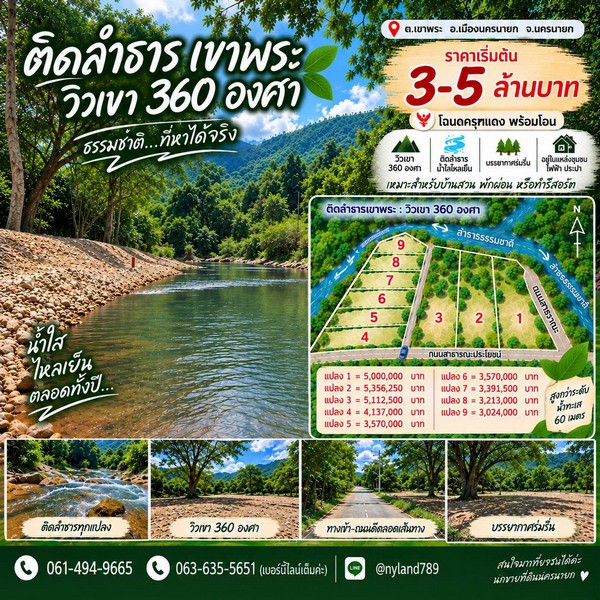 สนใจมาเที่ยวชมโทร ติดต่อ นกได้หลายช่องทางนะคะโทร. 061-494-9665โทร. 063-635-5651 (เบอร์นี้ไลน์เต็มค่ะ)ไลน์ไอดี : @nyland789(ไลน์คลิ๊กแล้วทักมาได้เลยค่ะ) https://lin.ee/R8sP0rj____________________________ติดลำธารน้ำใสไหลเย็น วิวเขาเบ้อเริ่ม! ราคาแปลงละ 3–5 ล้านบาทบรรยากาศแบบนี้ ใครชอบบ้านสวนใกล้เขา ใกล้น้ำ ต้องมาดูของจริงค่ะต.เขาพระ อ.เมืองนครนายก จ.นครนายกโฉนดครุฑแดงพื้นที่สูงจากระดับน้ำทะเลประมาณ 60 เมตรจุดเด