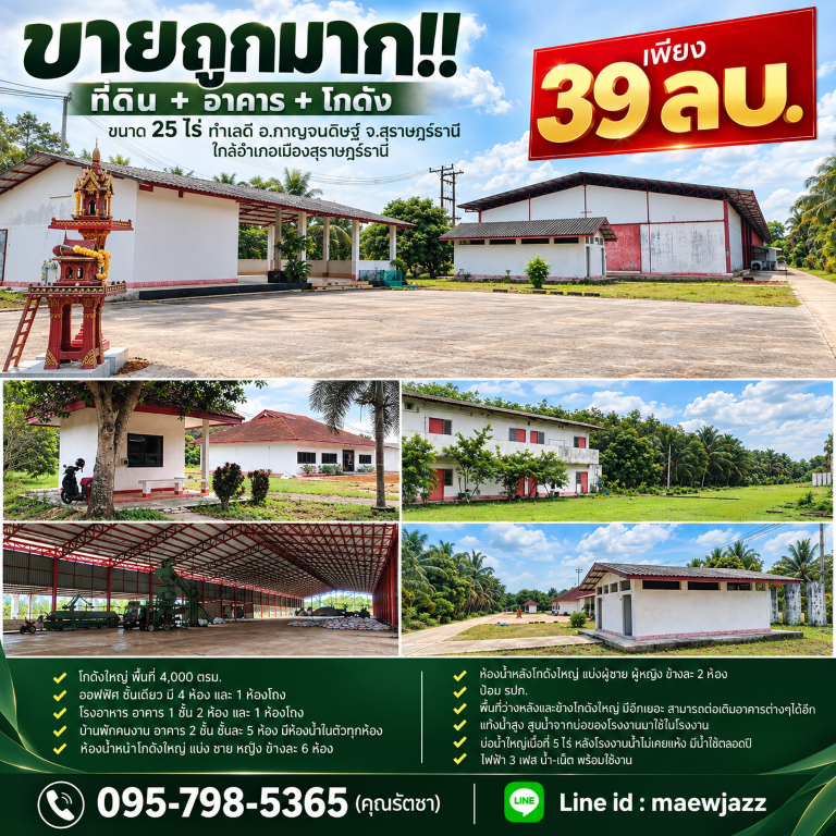 ขายถูกมาก!! ที่ดิน + อาคาร + โกดัง ขนาด 25 ไร่ ทำเลดี อ.กาญจนดิษฐ์ จ.สุราษฎร์ธานี ใกล้อำเภอเมืองสุราษฎร์ธานีอยู่ในแหล่งชุมชน เดินทางสะดวกสบาย เข้า-ออก ได้หลายเส้นทาง นำไปต่อยอดพัฒนาได้อีกมากมายที่ดิน + อาคาร + โกดัง&nbsp;ขนาดที่ดินทั้งหมด 25 ไร่รายละเอียดสิ่งปลูกสร้าง- โกดังใหญ่ พื้นที่ 4,000 ตรม.- ออฟฟิศ ชั้นเดียว มี 4 ห้อง และ 1 ห้องโถง- โรงอาหาร เป็นอาคาร 1 ชั้น 2 ห้อง และ 1 ห้อ