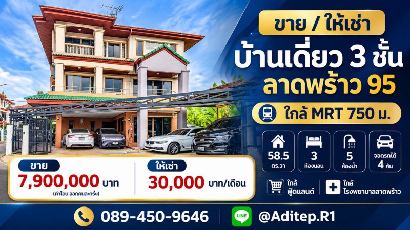 ขาย/ให้เช่า บ้านเดี่ยว 3 ชั้น ลาดพร้าว 95 ใกล้ MRT 750 ม. 58.5 ตร.วา จอดรถได้ 4 คัน ใกล้ฟู้ดแลนด์ ใกล้โรงพยาบาลลาดพร้าวProperty ID:&nbsp; M11538---VDO: https://youtu.be/8eIDdoI-tyw---ที่ตั้ง หมู่บ้านปรางทิพย์ ซอยลาดพร้าว 95 แขวงคลองเจ้าคุณสิงห์ เขตวังทองหลาง กทม.พิกัด: https://maps.app.goo.gl/z4CuqnxAZaozGbMD7เนื้อที่ 58.5 ตร.วาขนาด 3 ชั้น 3 ห้องนอน 5 ห้องน้ำ1 ห้องครัว พร้อมเคาว์เตอร์ครัวที่จอดรถในบ้าน 4 คันหน้าบ้านหันทิศใต้---**ขาย 7,900,000 บาท (ค่าโอน อ