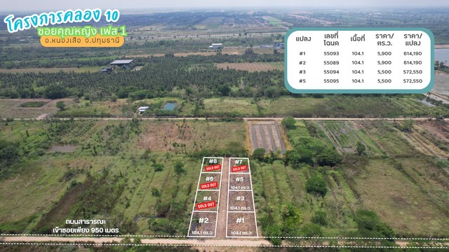 ที่ดินโครงการคลอง 10 ซอยคุณหญิง เฟส 3 อำเภอหนองเสือ จังหวัดปทุมธานี บรรยากาศเปิดโล่ง เหมาะสำหรับสร้างบ้าน ทำพื้นที่ส่วนตัว หรือถือครองระยะยาวรายละเอียดที่ดิน- เฟส 3 แปลง B3- เลขที่โฉนด 59341- เนื้อที่ 124 ตารางวา- ราคา 3500 บาท/ตร.ว.- ราคาขายรวม 434000 บาท- ติดถนนคอนกรีตสาธารณะและอยู่ใกล้คลองแอล- ถนนเลียบคลอง 10 ห่างจากถนนรังสิต-นครนายกประมาณ 2.8 กม.จุดเด่น- ทำเลคลอง 10 อำเภอหนองเสื�